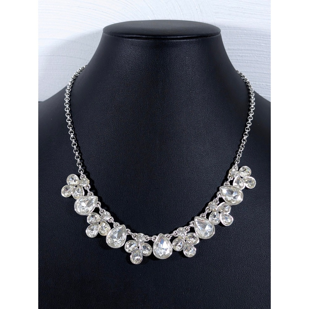 Silver Tone Teardrop Crystal Statement Necklace Bridal Wedding Evening 19"